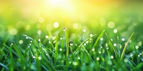 Poster - Morning dew drops glisten on vibrant green grass, creating a serene natural scene. The beauty of morning dew drops enhances the freshness of the green grass, inviting calm and tranquility.