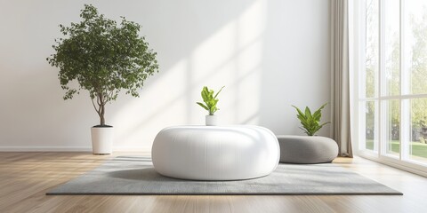 Leinwandbilder - The modern living room features a white pouf table placed at the center, complemented by a fresh indoor plant in the back corner, creating a tranquil and contemporary atmosphere.