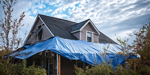 Hurricane Ian caused significant damage, leaving a house rooftop covered with protective plastic tarp to prevent rainwater leaking, awaiting the replacement of asphalt shingles. Aftermath of natural