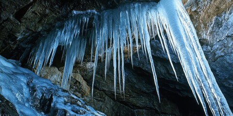 Aufkleber - Icicles cascading from cave formations create a stunning display of nature s artistry. These icicles in the cave capture light beautifully, enhancing the enchanting cave environment.