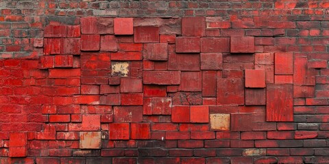 Poster - Red brick wall showcasing an intricate block background design pattern, emphasizing the unique texture and warmth of the red brick wall for various creative uses.