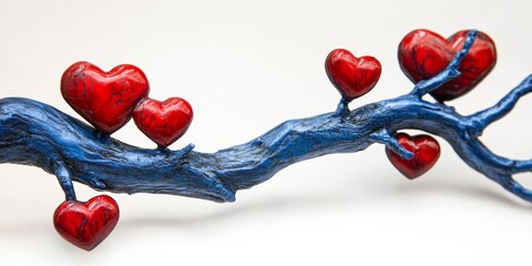 Leinwandbilder - Blue painted branch adorned with vibrant red hearts, creating a unique and artistic display that highlights the beauty of blue and red elements in nature inspired decor.