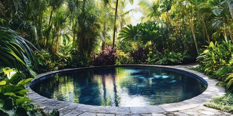 Aufkleber - A serene reflective pool encircled by lush tropical vegetation creates a tranquil atmosphere in this picturesque setting filled with vibrant flora.