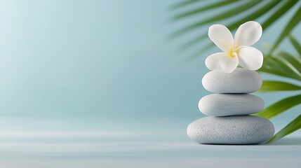 Wall Mural - stone stack with white flower on blue background