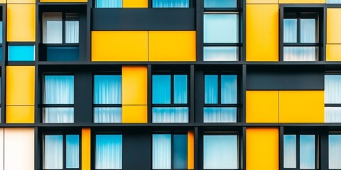 Poster - A vertical image showcasing a vibrant modern building featuring yellow and blue stained glass windows, perfect for highlighting colorful architecture on a bright day.