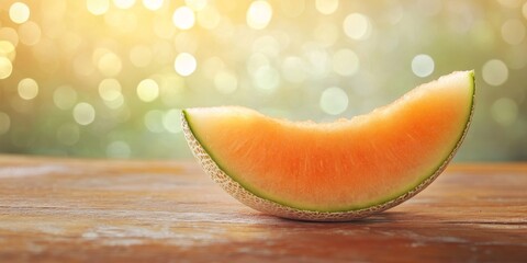 Poster - A slice of fresh melon rests on a wooden table, beautifully showcased against a bokeh backdrop that adds a soft, artistic touch to the scene.
