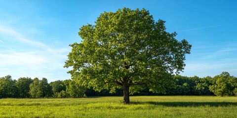 Poster - Leaves of a vibrant green tree are set against a clear blue sky within a spacious meadow, creating a serene and picturesque natural scene.