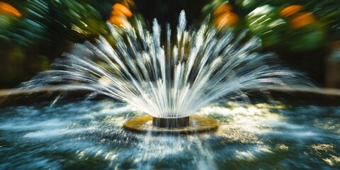 Fototapete - Blurred image of a dancing water jet fountain, showcasing the mesmerizing movement and patterns created by the dancing water jet fountain, perfect for capturing dynamic water art.