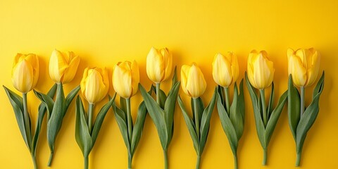 Poster - A vibrant bouquet of yellow tulips displaying their cheerful beauty against a bright yellow backdrop, emphasizing the lively essence of yellow tulips in any setting.