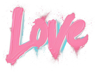 Poster - Vivid pink brushstroke text spelling Love with dreamy light blue accents and splatter effects on transparency background, evoking bold and artistic expression of emotion