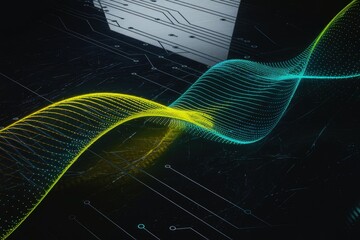 Poster - Abstract digital wave flowing over a circuit board, representing data flow and connectivity.