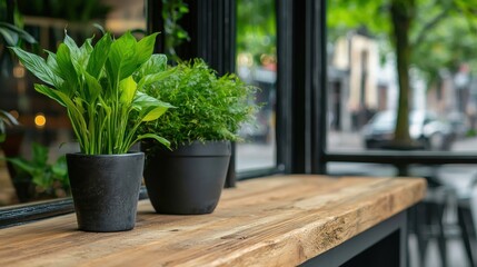 Canvas Print - two potted plants on a wooden table in front of a window