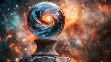 Wall Mural - Crystal ball on stand shows swirling galaxy, cosmic energy.