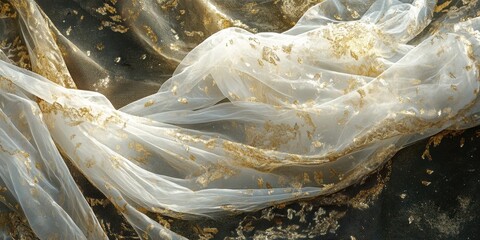 Wall Mural - abstract sheer fabric with gold flakes texture, elegant wavy background.