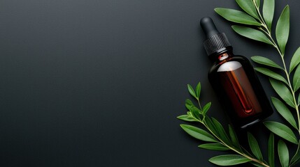 Wall Mural - essential oil bottle with leaves on black background