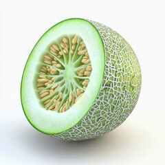 Wall Mural - Fresh Green Melon Slice Displaying Juicy Interior with Seeds and Texture on Bright Background