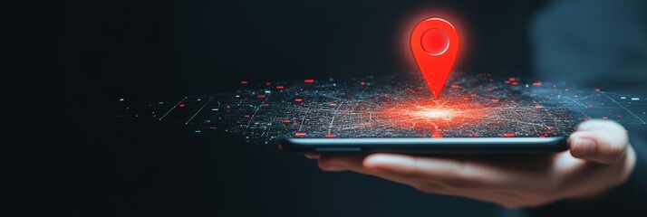 Businessman holding mobile phone with futuristic red location pin hovering over digital map, representing innovative navigation technology and precise location tracking