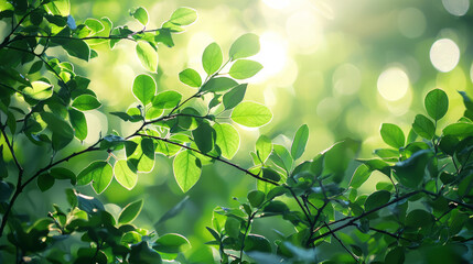 Wall Mural - Sunlit green leaves and branches in a serene forest setting