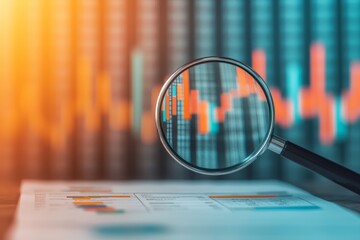 Wall Mural - Economic report outlook concept. Analysis of financial data through a magnifying glass.