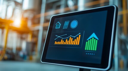 Wall Mural - Renewable energy adoption concept. Digital tablet displaying analytics and growth charts in a modern industrial setting.