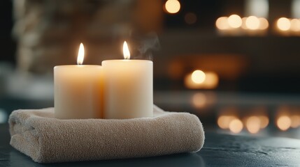 Wall Mural - two candles are placed on a towel in front of a fireplace