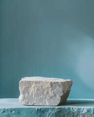 Wall Mural - Irregular natural stone pedestal with a rugged texture, placed on a teal-colored textured base against a muted blue backdrop, ideal for organic product display