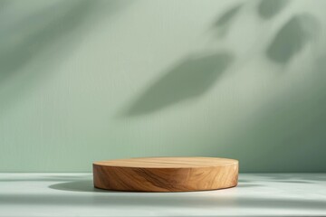 circular wooden display platform with natural grain texture, set on a smooth mint green surface. sof