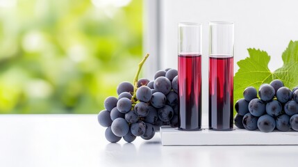 Grapes from vineyards are rich in antioxidants. Two glass vials with red liquid beside fresh grapes.