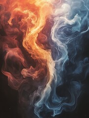 Wall Mural - Abstract swirling red and blue smoke on black background.