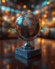 glass globe on marble base with digital world map.