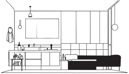 Wall Mural - Bathroom interior sketch. Line drawn