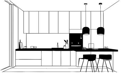 Wall Mural - Kitchen room line sketch design on white background. Furniture