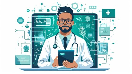 Aufkleber - A healthcare worker in a lab coat stands confidently with a tablet, surrounded by digital symbols representing medical technology and data analysis.