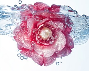 a stunning pink flower submerged in clear water, creating a beautiful visual effect.