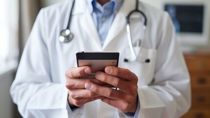 Poster - A healthcare professional in a white coat interacts with a smartphone in a medical office. The environment suggests patient care and digital health management.
