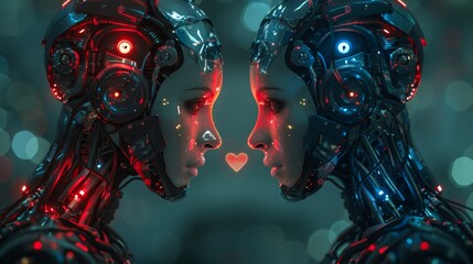 Poster - Two identical humanoid robots stand facing one another in a vibrant, futuristic environment. Their glowing eyes and intricate designs create an atmosphere of enhanced intelligence and emotion.