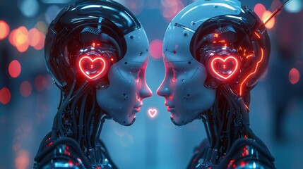Poster - Two advanced robotic entities face each other, showcasing intricate designs and illuminated hearts.