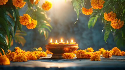Wall Mural - traditional indian background with diya lamp on podium and marigold flowers. hindu puja. festival vi