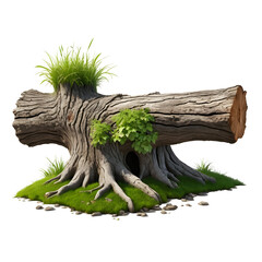 fallen tree trunk with grass growing on it isolated on transparent or white background