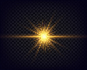 Wall Mural - golden glowing light explosion with radiant beams and lens flare on a transparent dark background. p