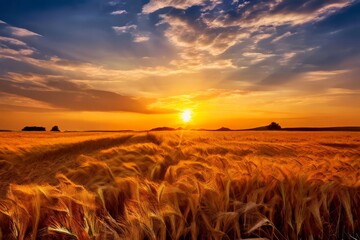 Wall Mural - sunrise over a vast golden wheat field sustainability message hi