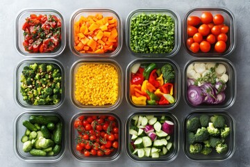 Wall Mural - Assorted fresh vegetables neatly arranged in glass containers, showcasing vibrant colors and healthy meal preparation on a gray surface