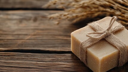 Wall Mural - a soap bar wrapped in twine on a wooden table