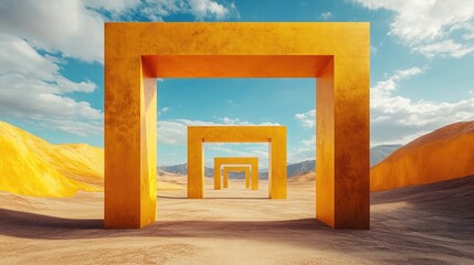 Wall Mural - Surreal desert landscape with yellow square portals under sunny sky, 3D render