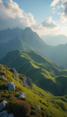 Wall Mural - This stunning image captures a serene mountain landscape, where rolling green hills meet majestic peaks under a soft, cloudy sky. The interplay of light and shadow creates a tranquil atmosphere