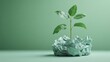 © MILKY_PS - Witness the vibrant life springing forth from recycled waste a sprout emerges from crumpled, teal-toned recycled paper, symbolizing environmental sustainability and the transformative power of