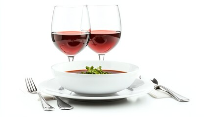 Two glasses of red wine beside a bowl of soup on a white plate.