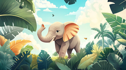 a whimsical illustration of an elephant surrounded by lush tropical foliage under a bright sky.