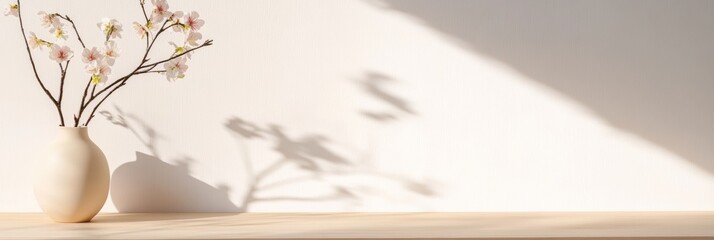 Poster - Sunlight illuminating cherry blossom branches in a beige vase on a wooden surface casts decorative shadows on a white wall, creating a serene, minimalist atmosphere