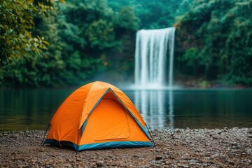 outdoor adventures and camping promote sustainability. vibrant orange tent by a serene waterfall in 